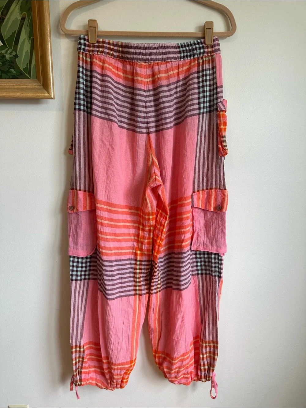 Free People Crafted Plaid Cargo Pants Pink Combo Womens Small NEW Cotton